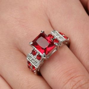 Square Red Ruby Garnet Ring 10KT Gold Ring